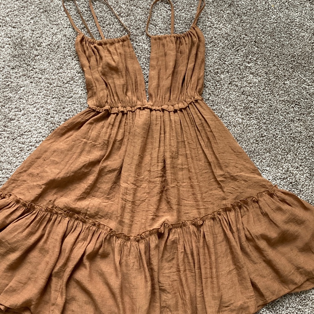 Copper Brown Open Back Strappy Boho Babydoll Tiered Ruffle Hem Boho dress sz S - Picture 3 of 10